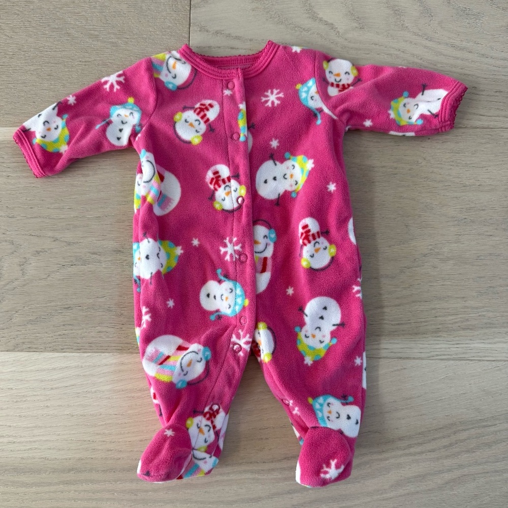 Carter's Fleece Footed Pajamas Newborn NB Pink Snowman